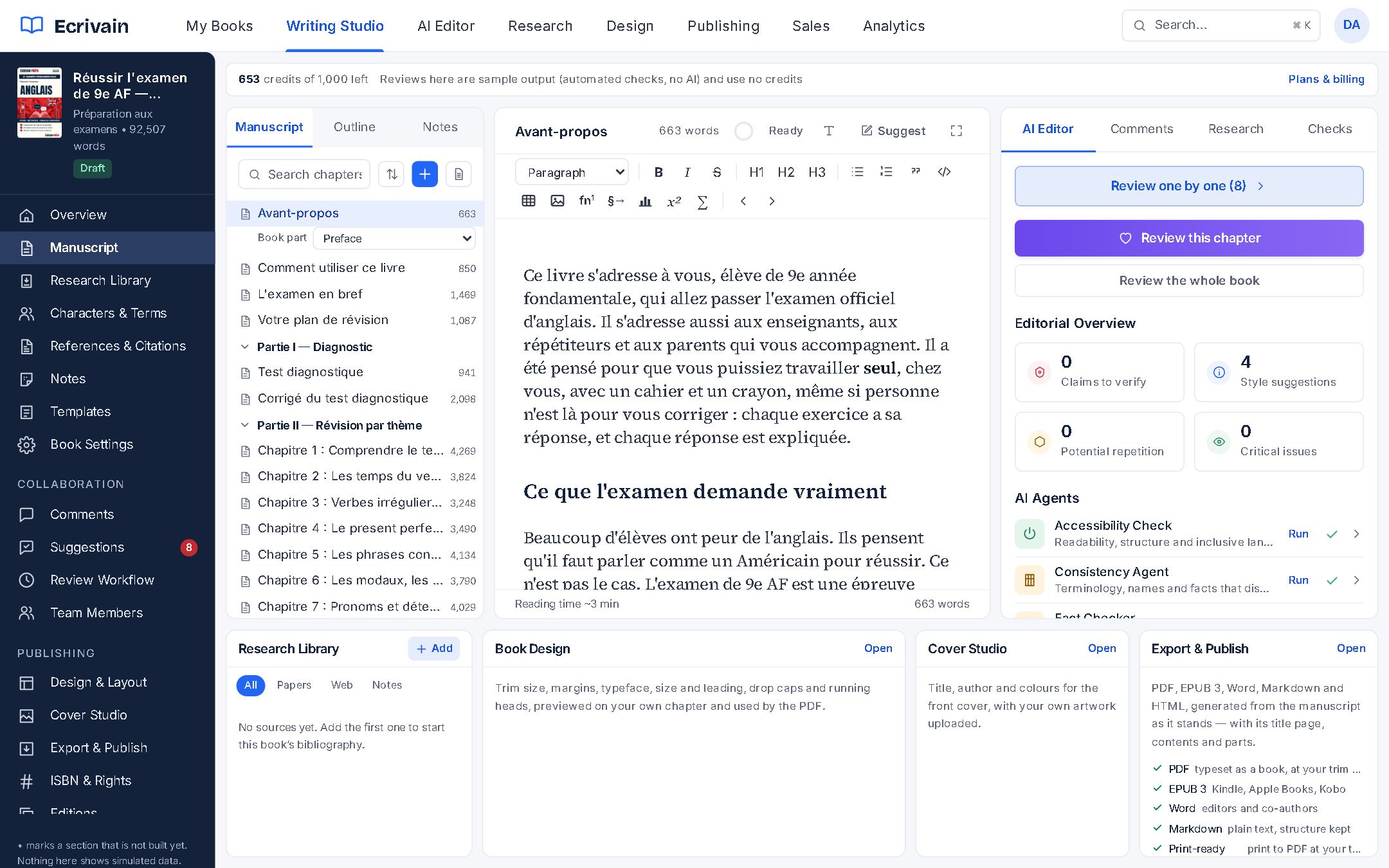 The Ecrivain writing studio: chapter list, the manuscript, and the AI editor beside it.