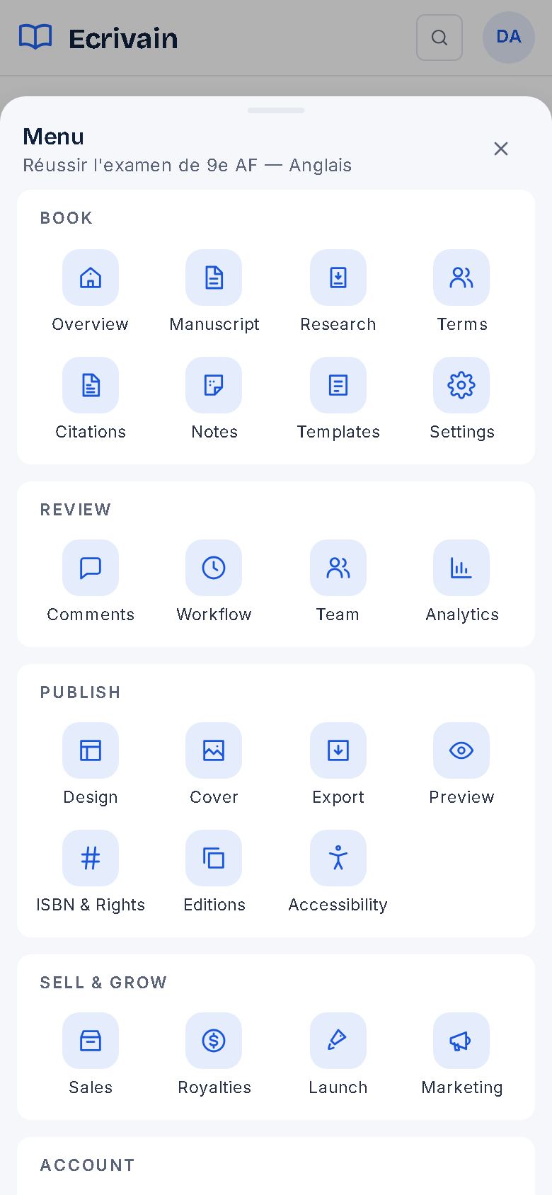 The More menu: every tool of the studio as a grid of tiles.